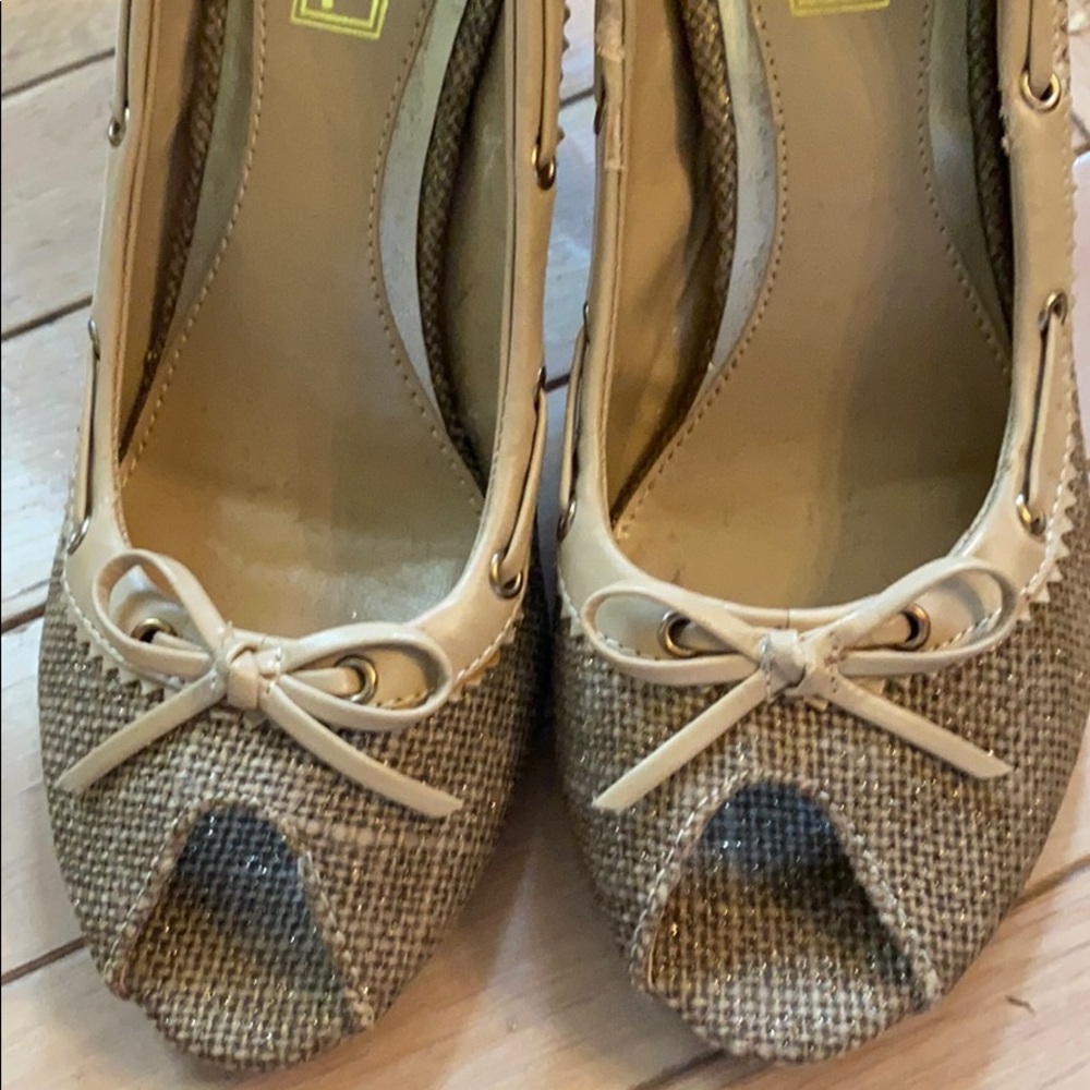 Merona  burlap glittery 3”  heels “leather trim